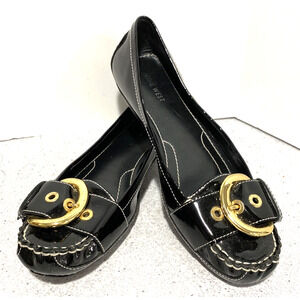 Nine West Lavetta 8.5M black patent driving loafers slip on shoes gold buckles